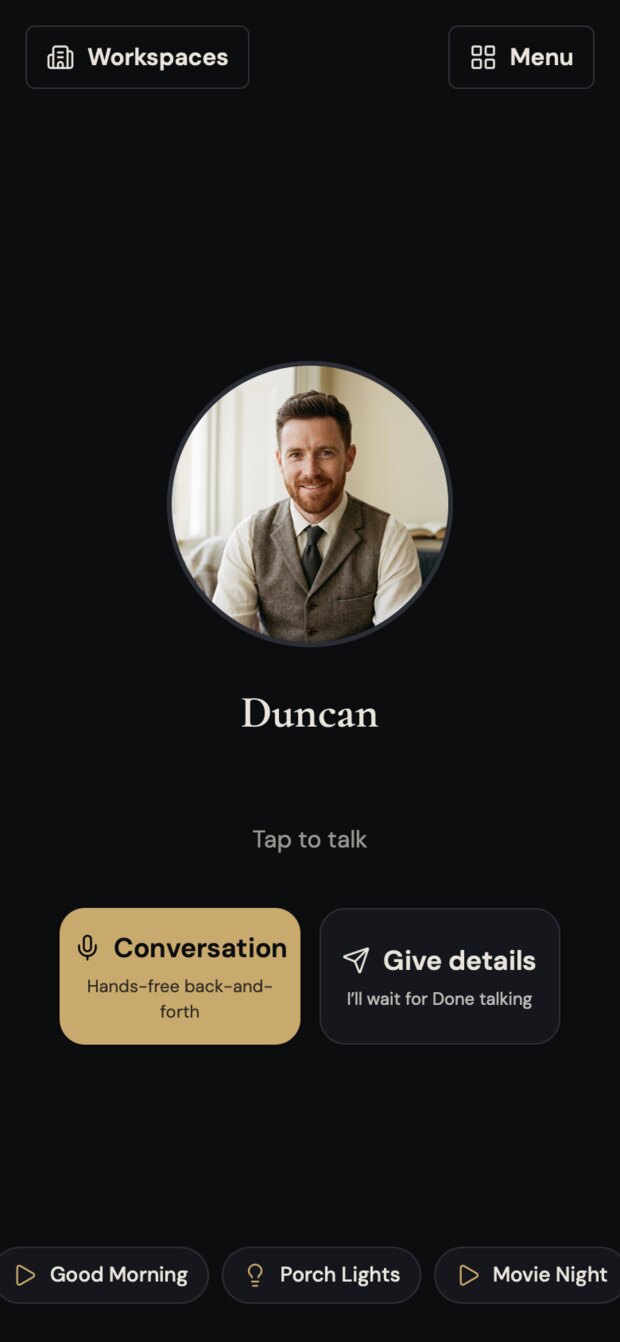 The PrivateChief iPhone app, showing the Chief ready to talk with a conversation
                    button, a give-details button, and shortcuts to favourite home scenes.