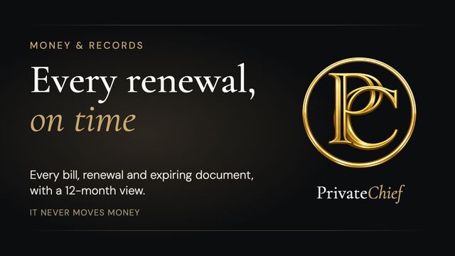 PrivateChief Money & Records: Bills, Renewals and Household Paperwork in One Place